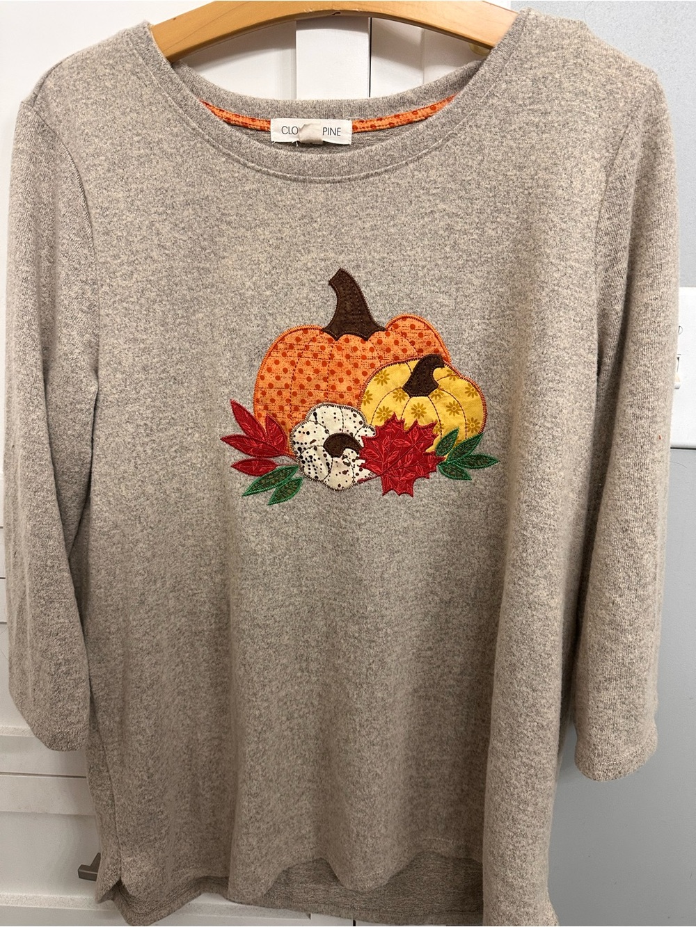 Clover + Pine Oatmeal Applique Fall Top XL Knit Long Sleeve Pumpkin Grandmacore